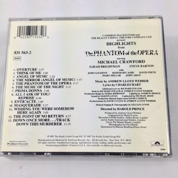 Highlights From The Phantom Of The Opera -The Original Cast -1987- CD-Used - Picture 2 of 3